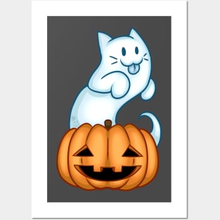 Cat Ghost and Pumpkin Posters and Art